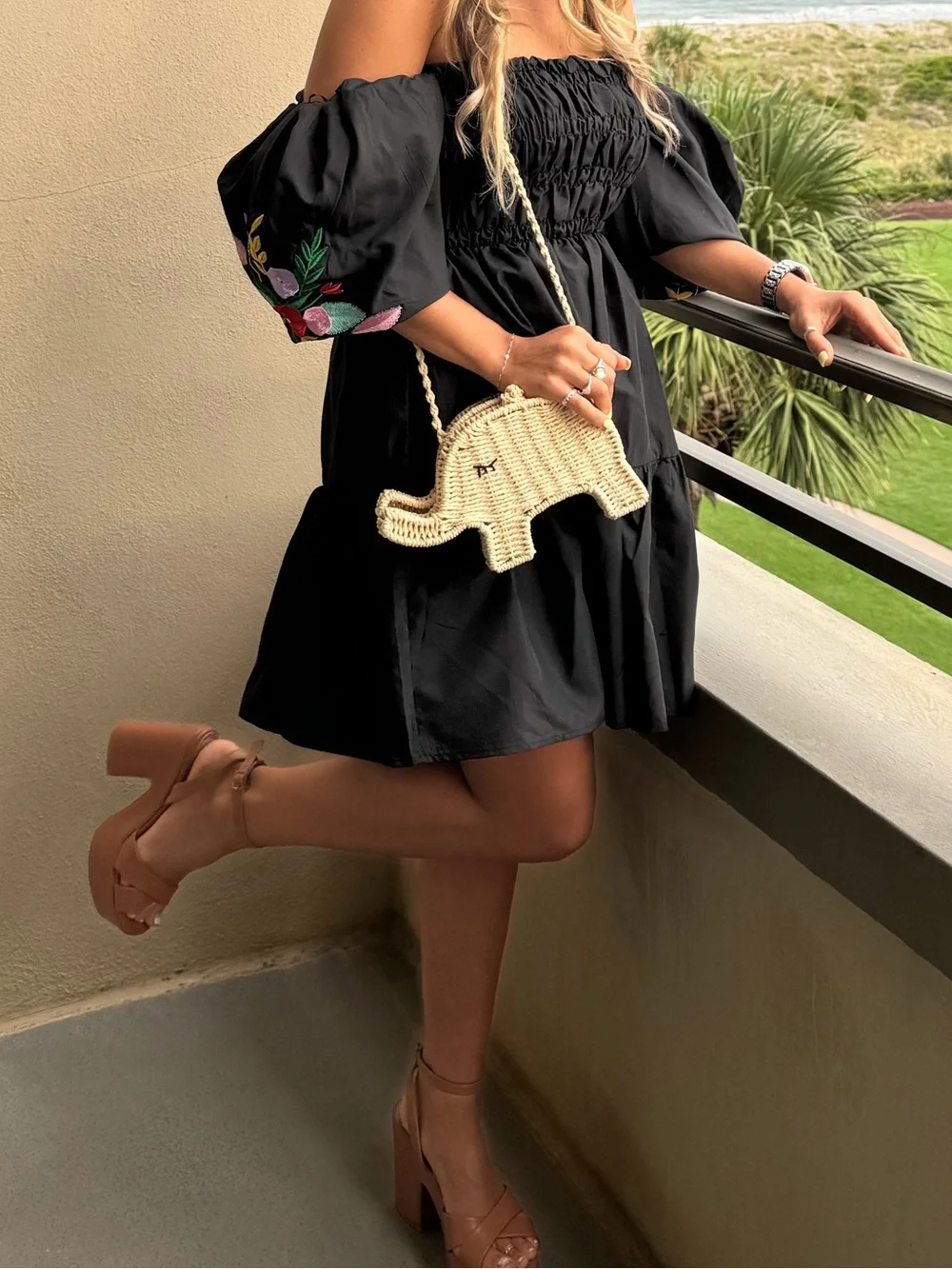 Black Smocked Off-Shoulder Mini Dress with Floral Sleeve Embroidery